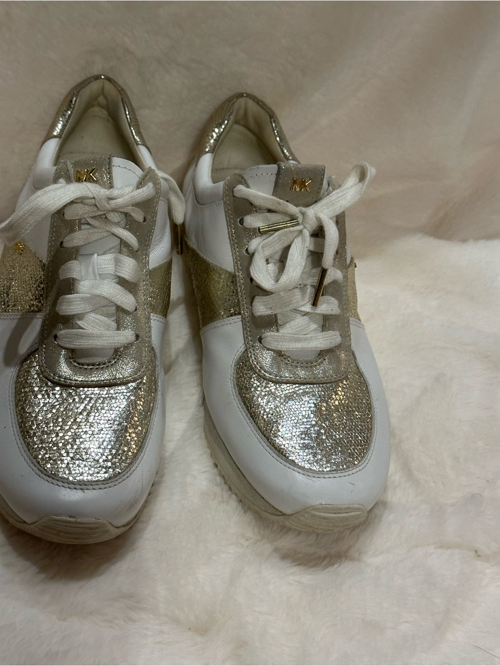 Michael Kors White and Gold Women's Sparkle Lace-Up Sneakers - Picture 2 of 10